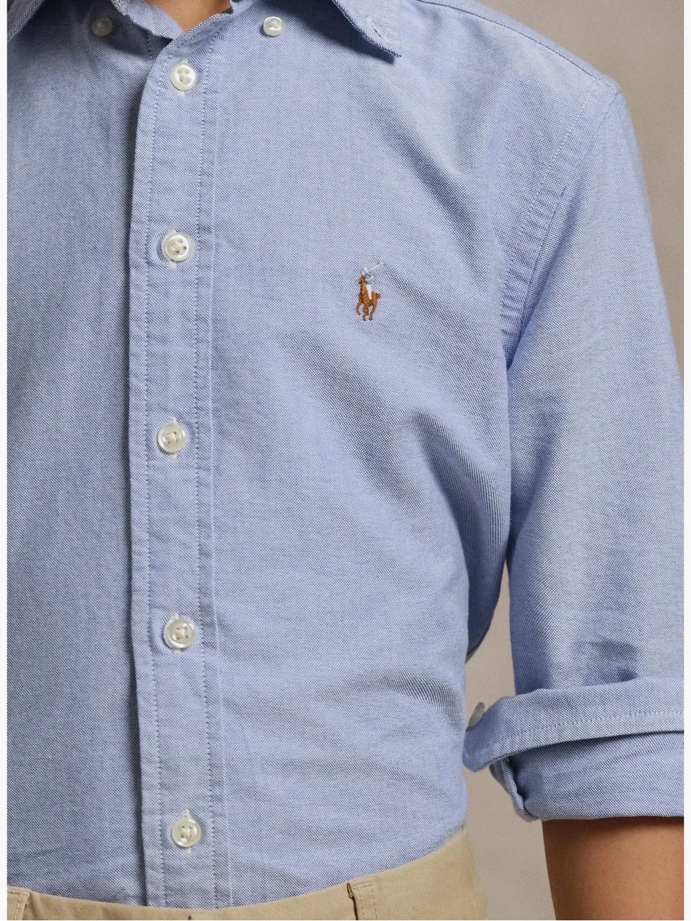 Ralph Lauren Light Blue Button-Down Shirt with Flesh Pony Logo